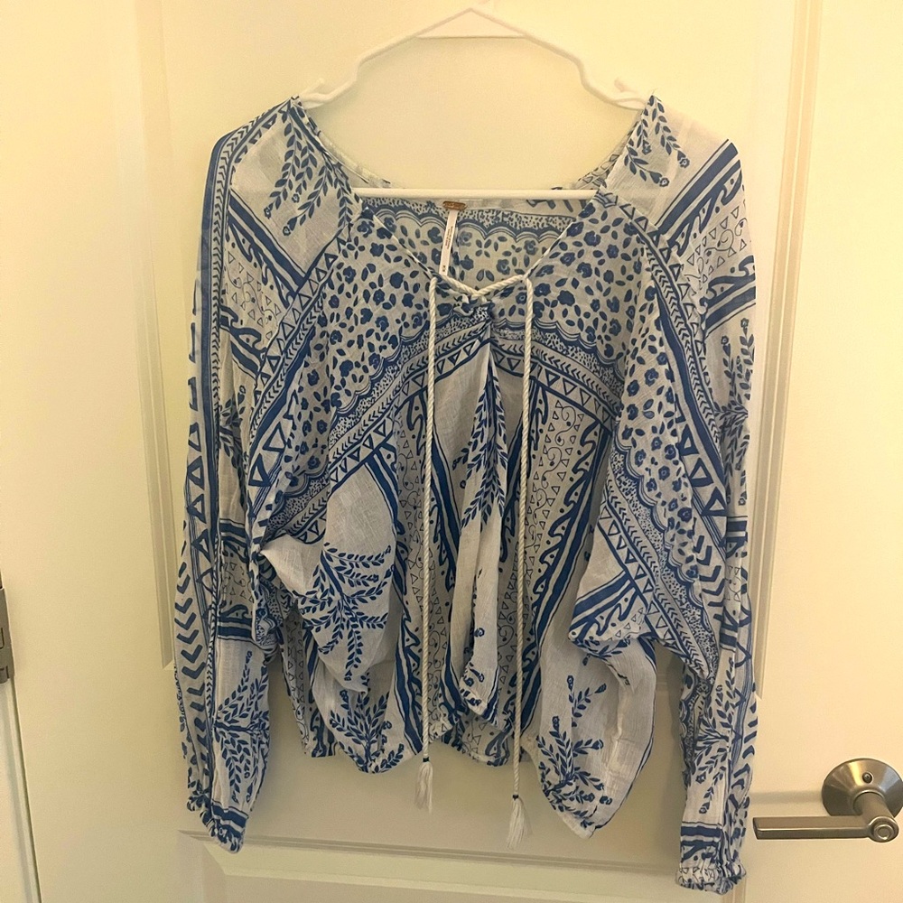 Free People blue and white pattern top
